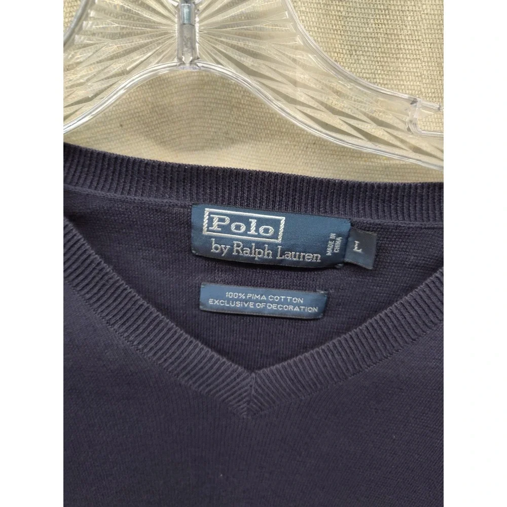 Polo Ralph Lauren Mens V-Neck Sweater Navy Blue 100% Pima Cotton Large Pony Logo